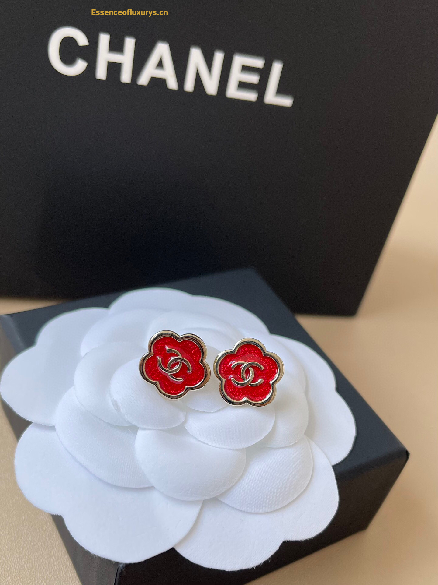 Chanel CC Red Camellia Stud Earrings