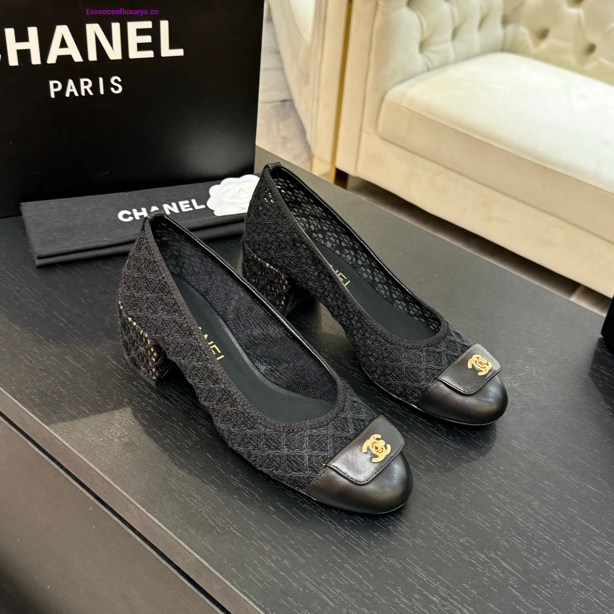 Chanel CC Logo Black Lace Pumps