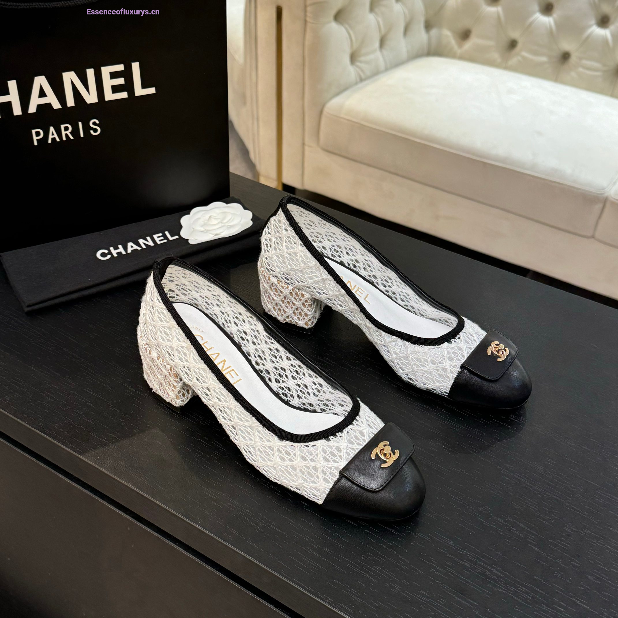 Chanel CC Logo White Lace Pumps