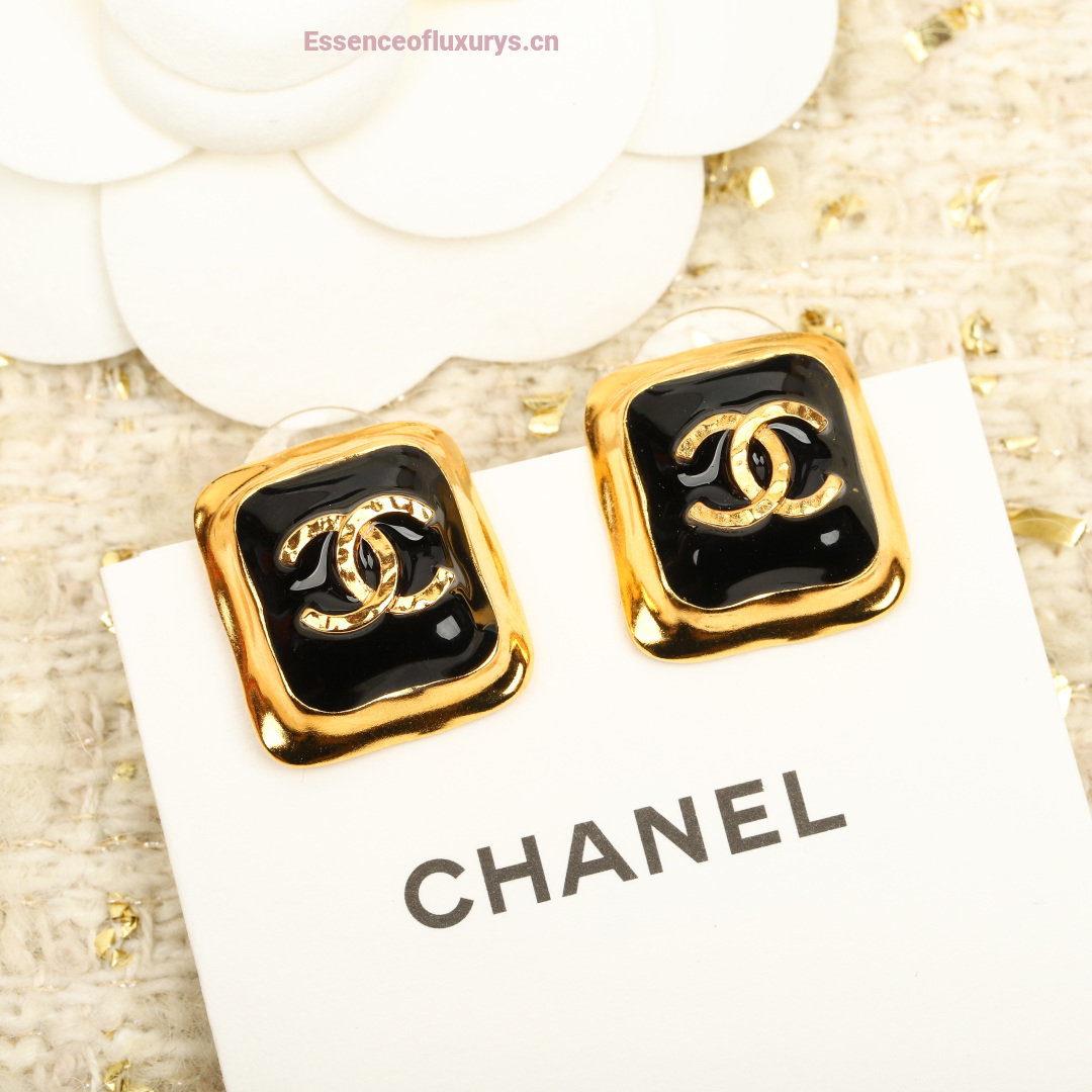 Chanel CC Logo Square Black Earrings