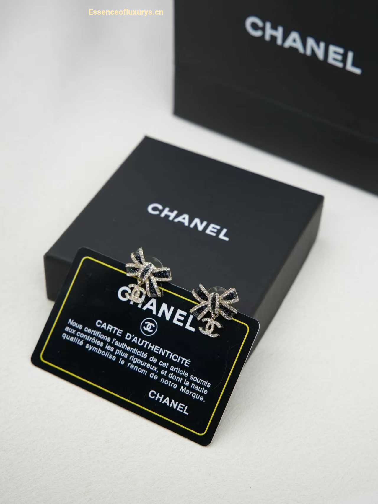 Chanel Crystal Bow Earrings Black