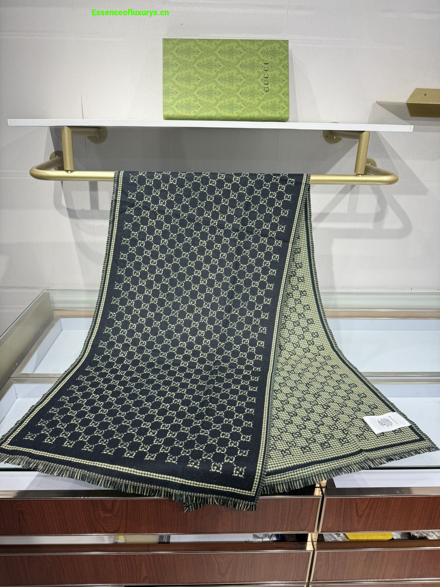 Gucci Black Green GG Wool Scarf