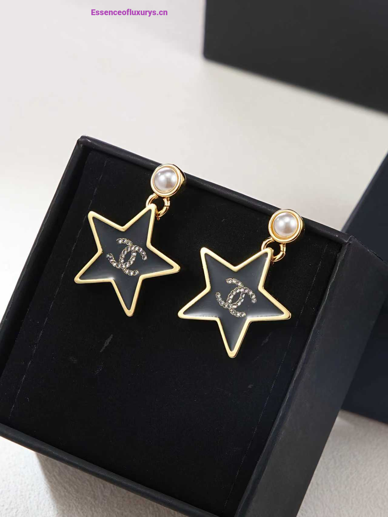 Chanel CC Black Star Hoop Earrings