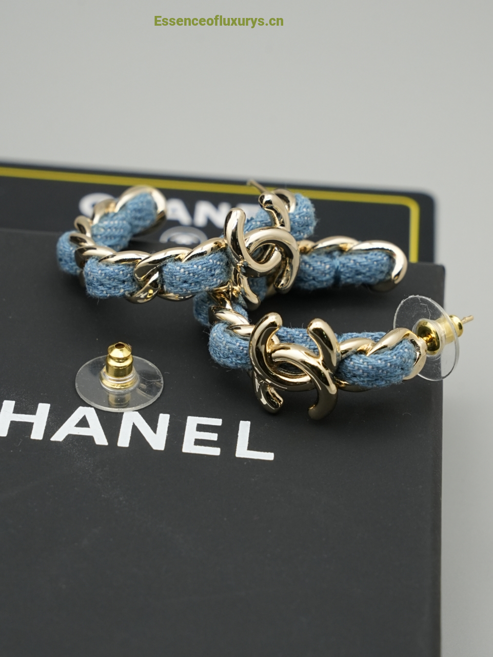 Chanel CC Denim Blue Hoop Earrings