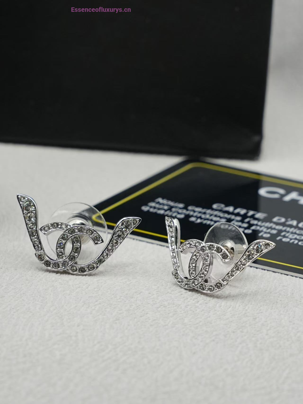 Chanel Crystal CC Stud Earrings Silver