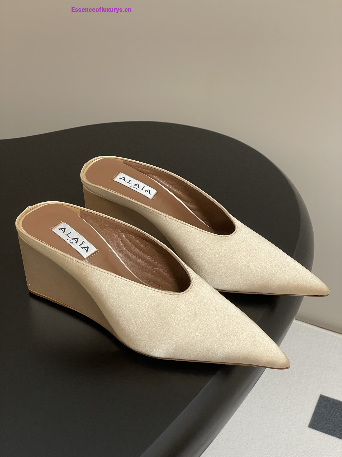 Alaia Beige Satin Cube Wedge Mules