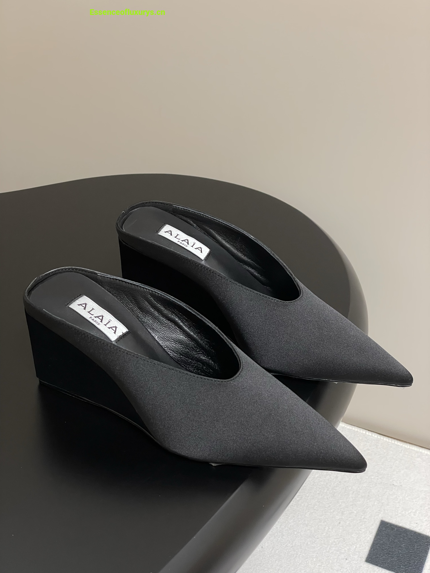 Alaia Black Satin Cube Wedge Mules