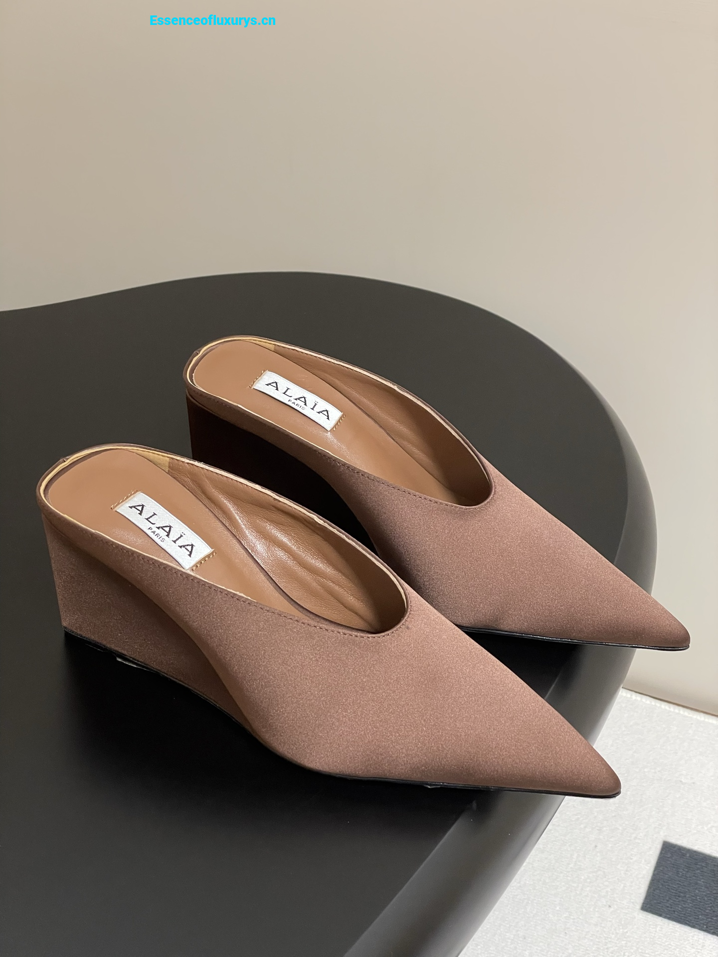 Alaia Brown Satin Cube Wedge Mules