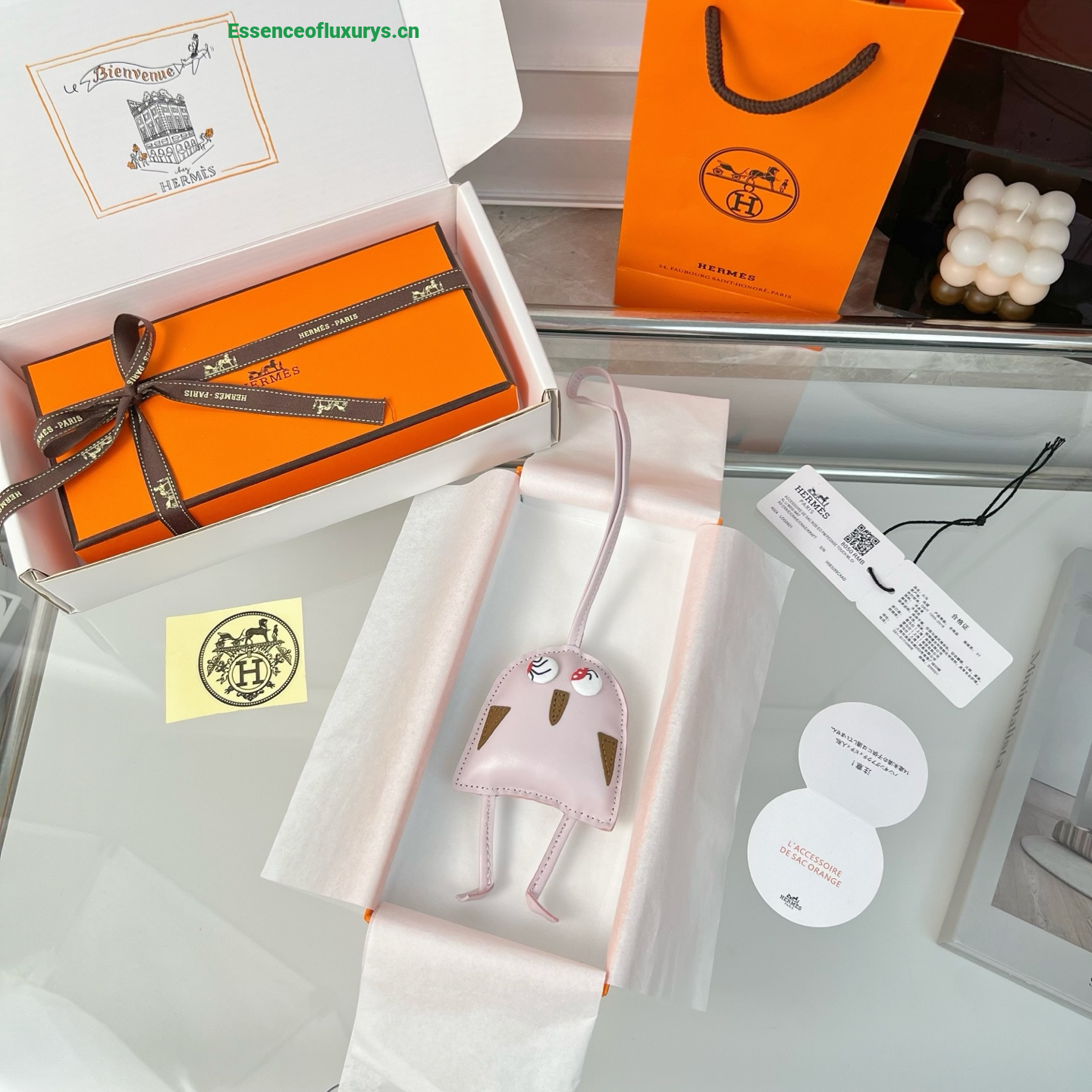 Hermes Hibouton Bag Charm Pink