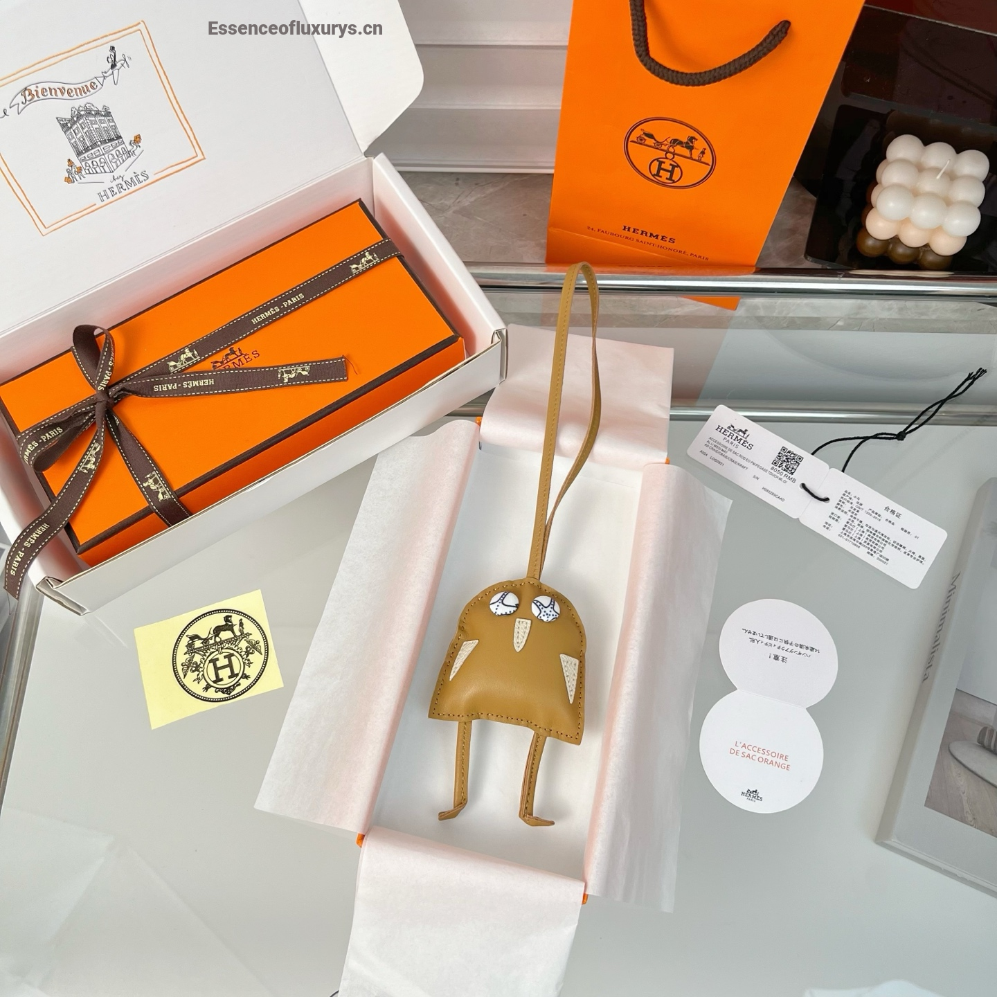 Hermes Hibouton Bag Charm Tan