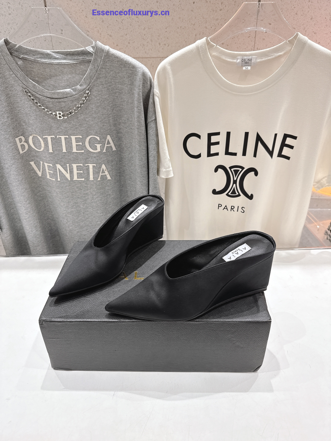 Alaia Cube Black Satin Wedge Mules