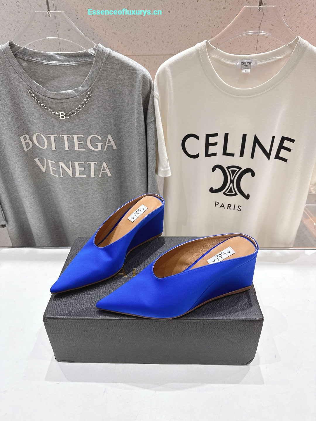 Alaia Cube Blue Satin Wedge Mules