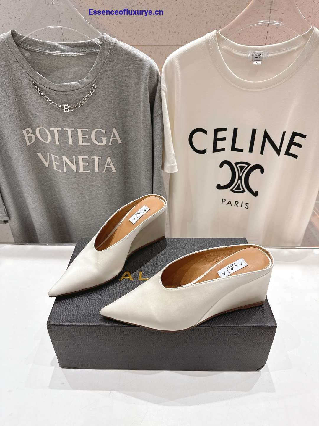 Alaia Cube White Satin Wedge Mules