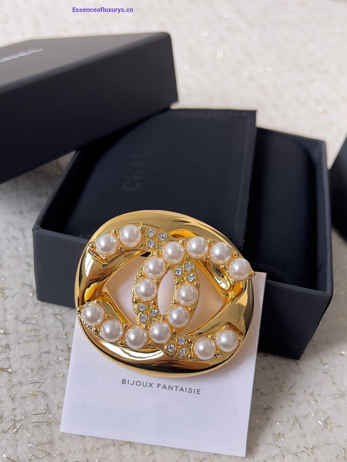 Chanel CC Faux Pearl Crystals Brooch