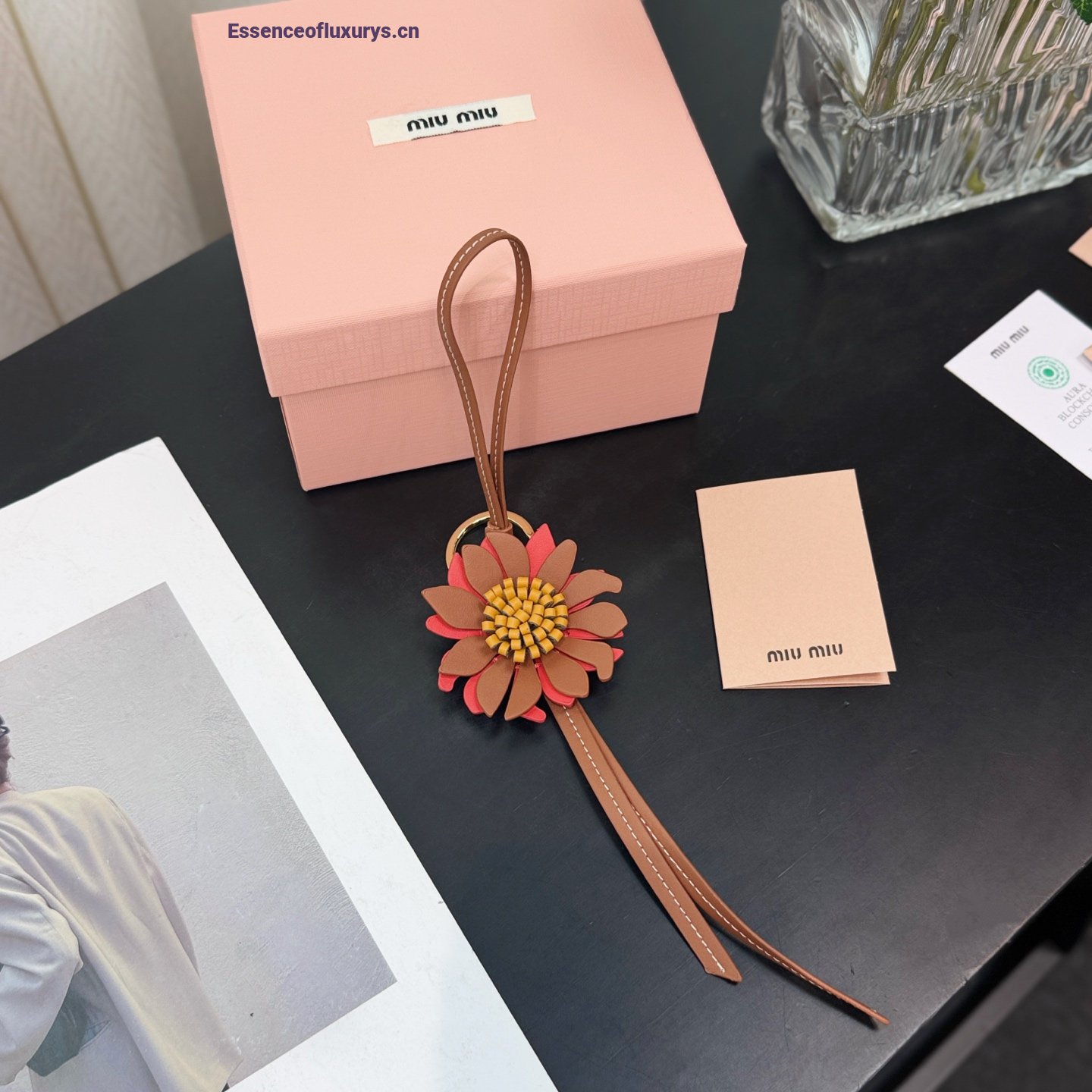 Miu Miu Trick Floral Leather Keyring Red Brown